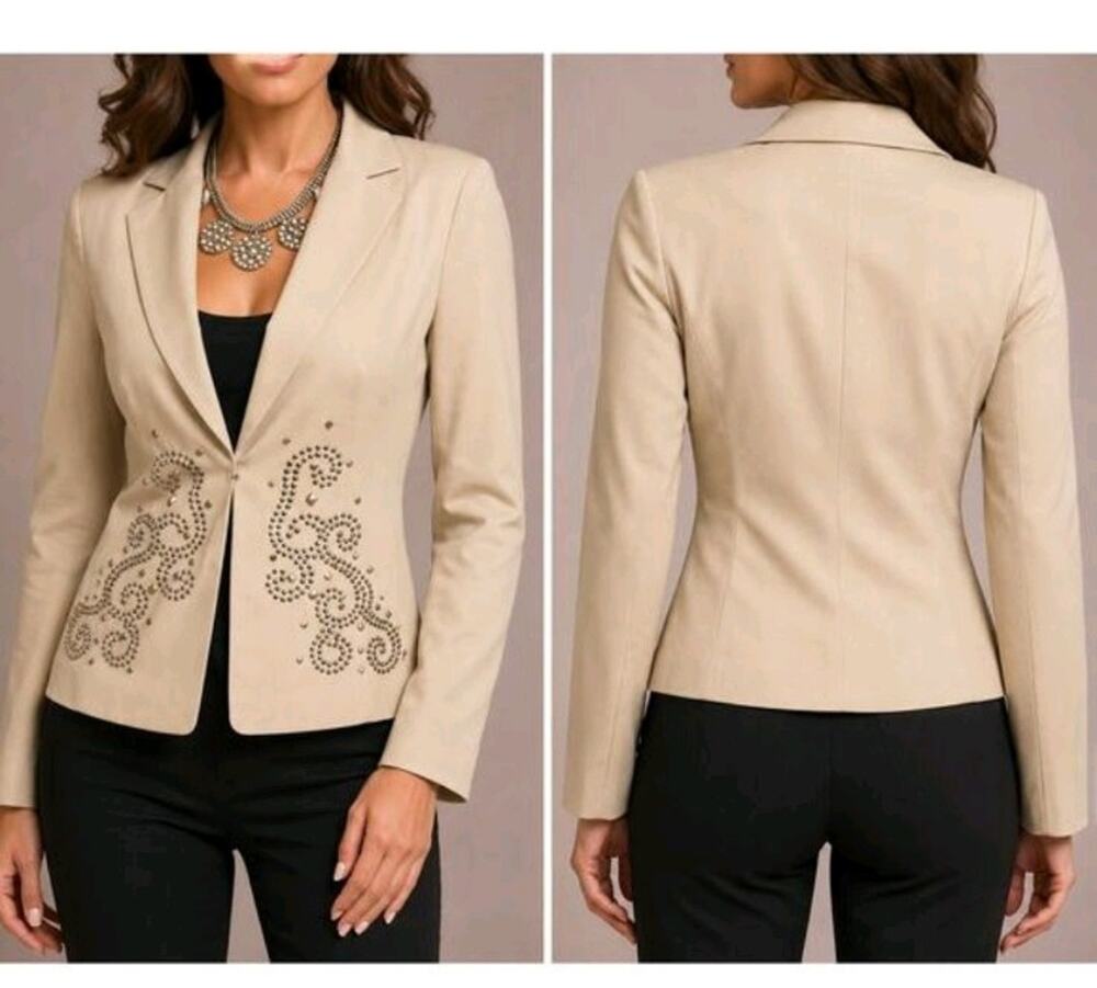 CACHE tan studded scroll pattern eye hook long sleeve jacket 10